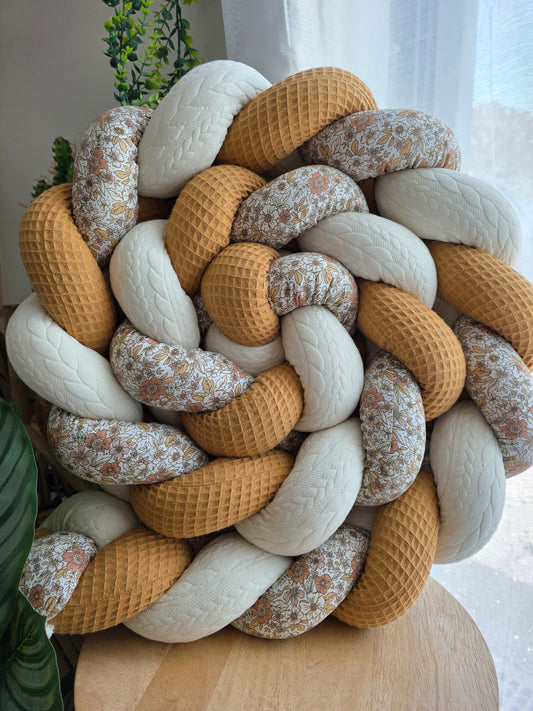Tresse de lit 3 brins 300cm camel tricot écru et fleurs de pêche