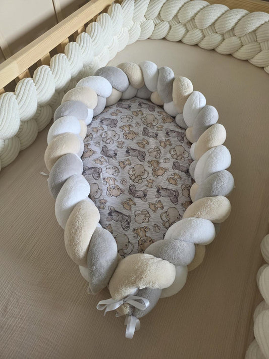 Cocon doudou blanc gris beige et éléphant