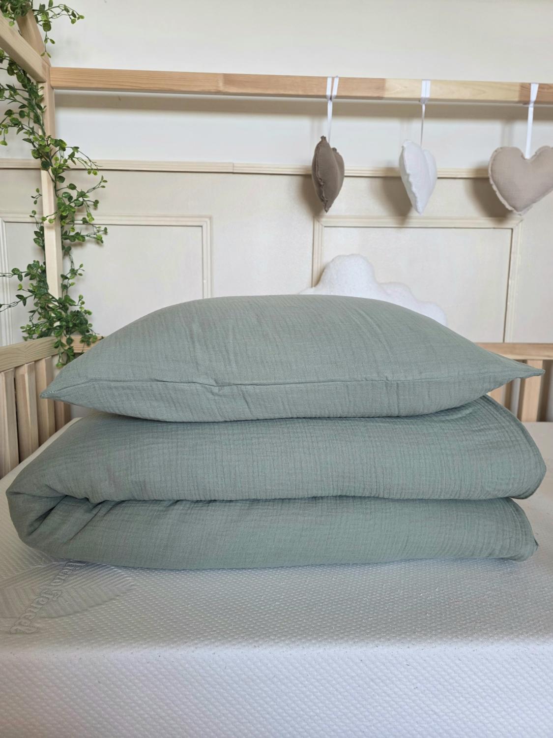 Parure 1 personne - housse de couette + taie d'oreiller gaze de coton olive