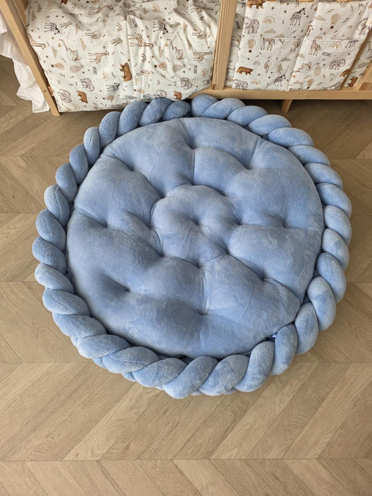 Tapis rond avec tresse tout doudou bleu 100cm