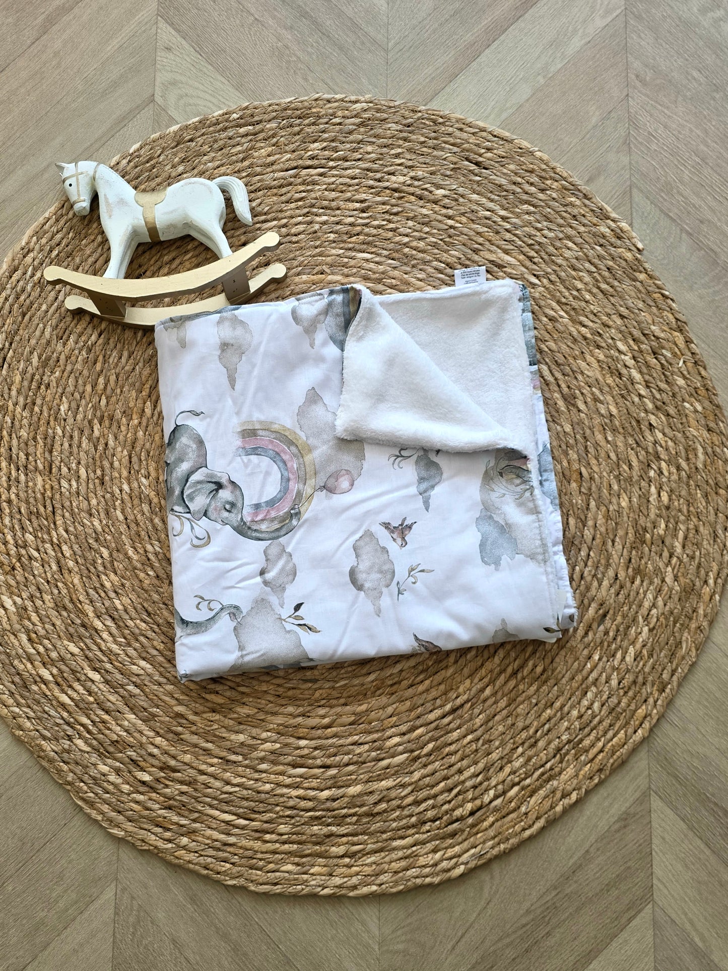 Couverture 75x75cm fine éléphant et doudou écru