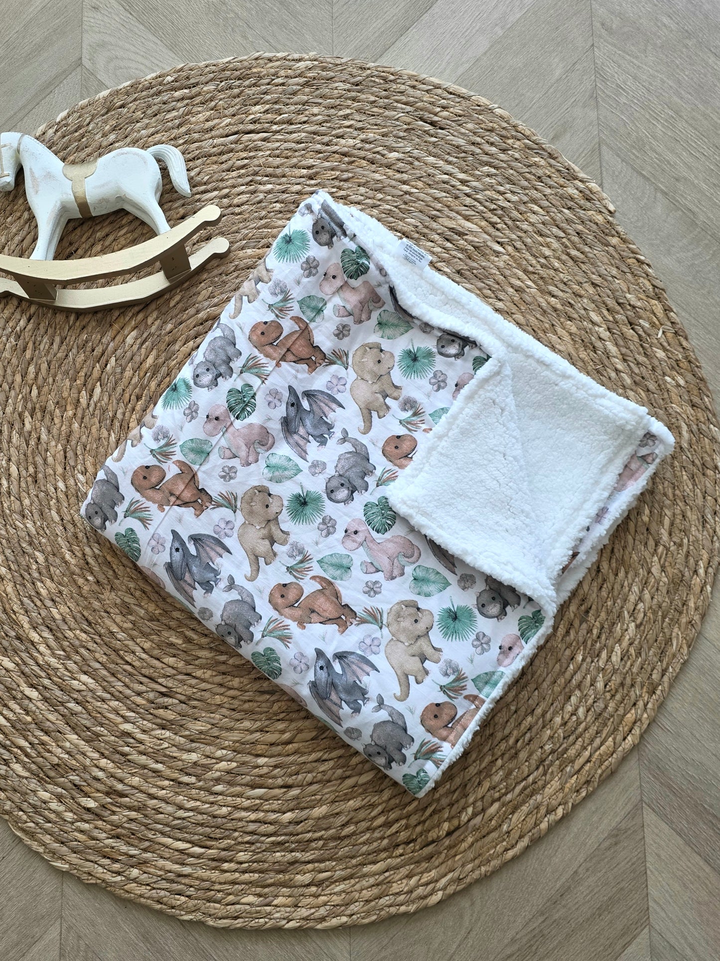 Couverture 75x75cm fine Dino et moumoute blanc