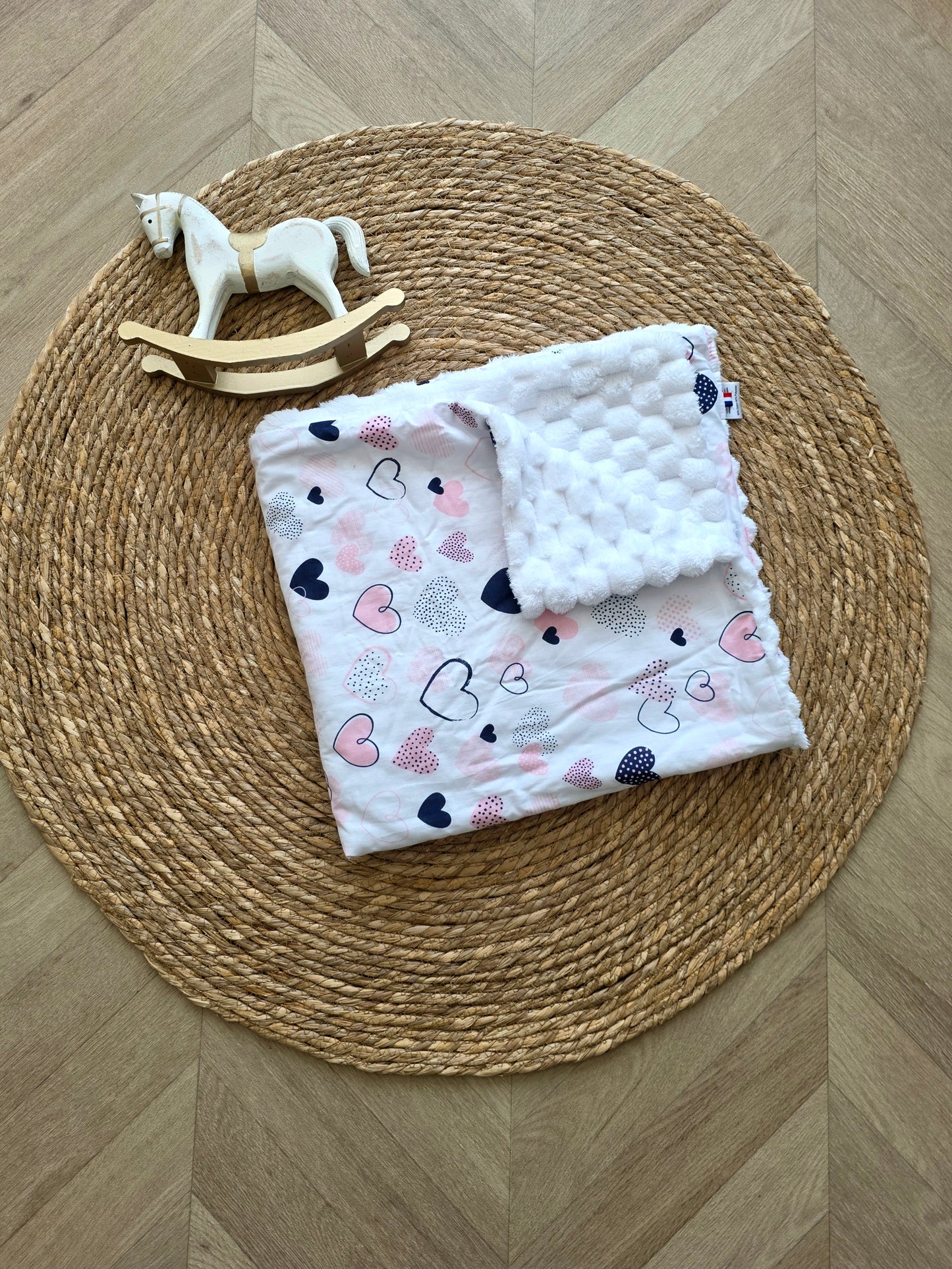 Couverture 75x75cm fine Cœur et doudou losange