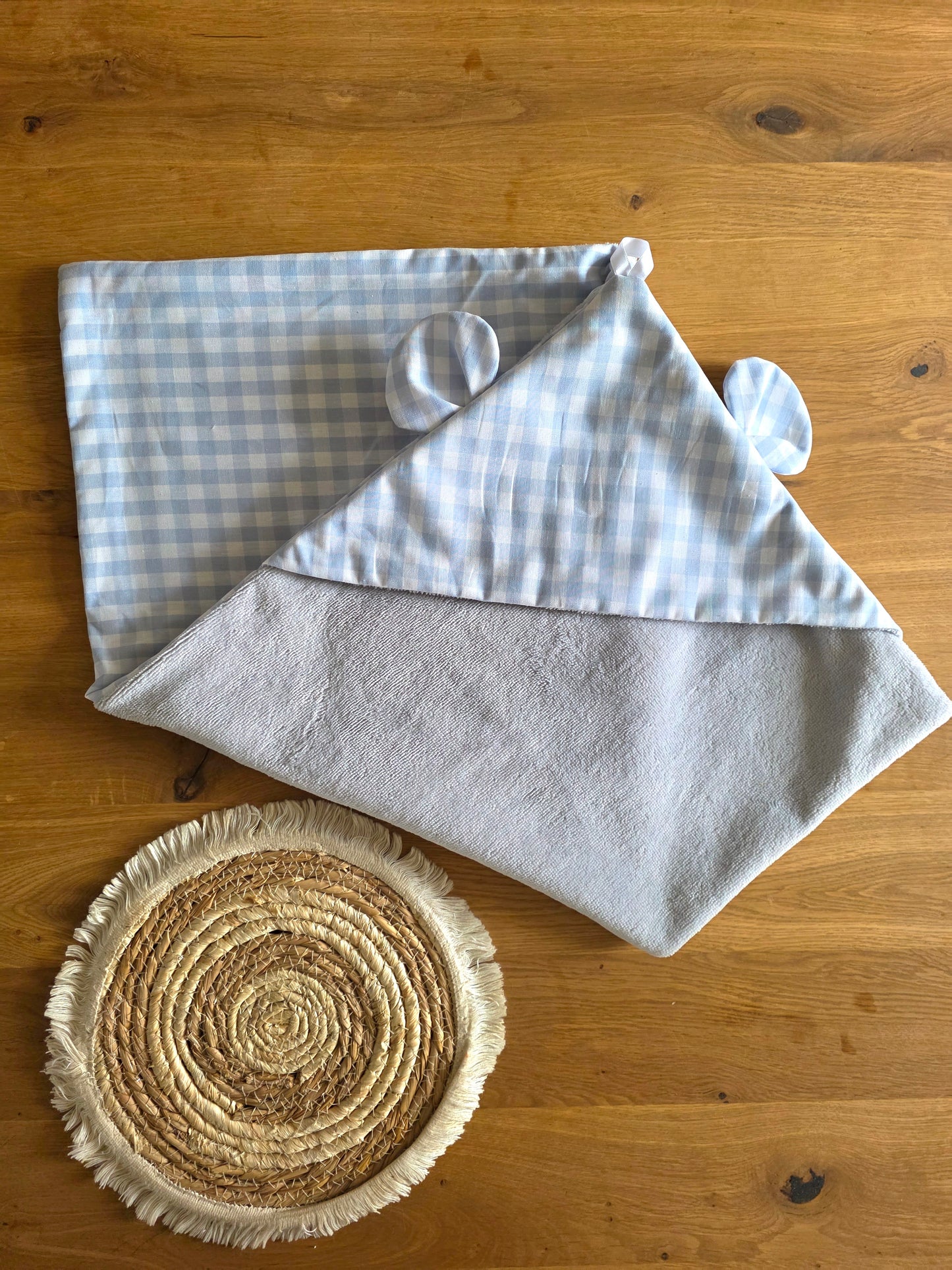 Cape de bain oreille d'ourson vichy bleu