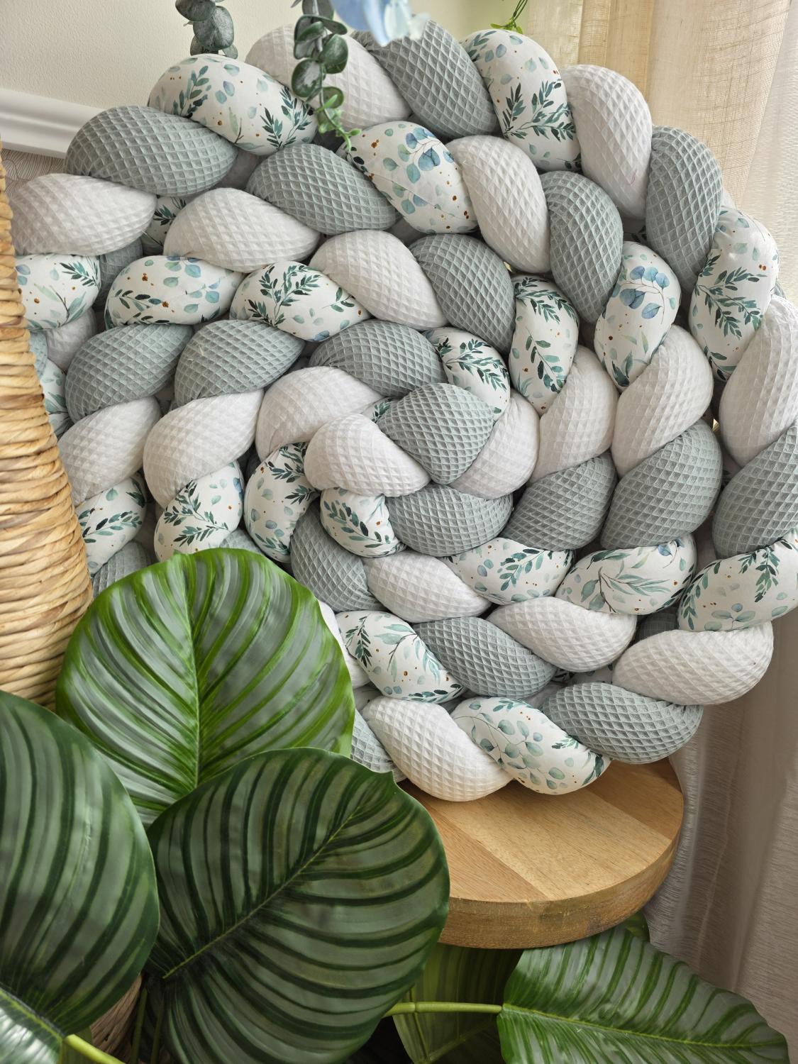 Tresse de lit 3 brins blanc vert d'eau et eucalyptus foncé 4.6m