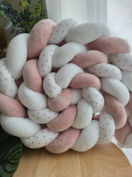 Tresse de lit 3 brins doudou blanc poudré et blanc petit cœur rose 3m