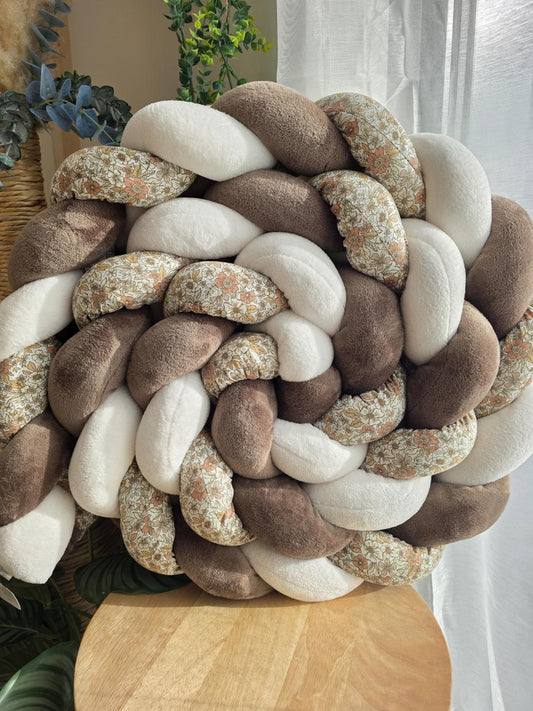 Tresse de lit 3 brins doudou écru et marron et motif fleurs pêche 3.6m