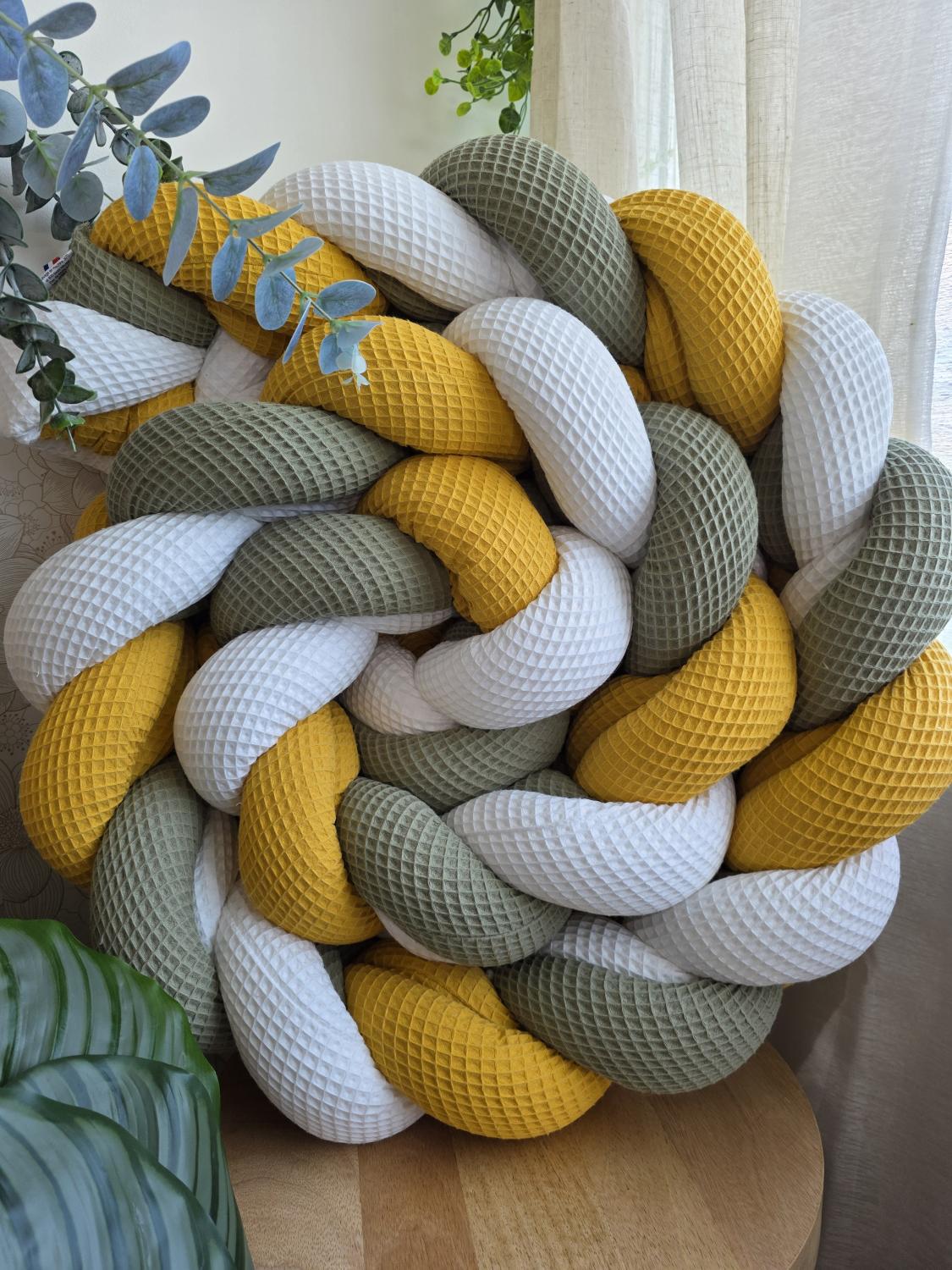 Tresse de lit 3 brins XXL blanc olive et moutarde 3m