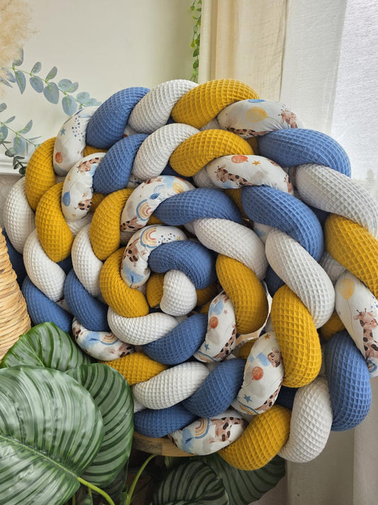 Tresse de lit 4 brins blanc moutarde roi et girafe arc en ciel bleu 4.6m