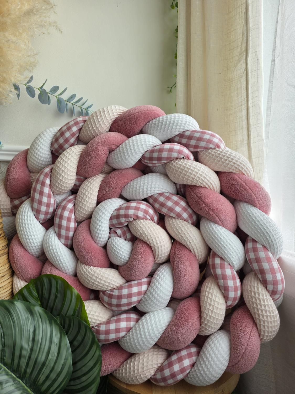 Tresse de lit 4 brins blanc rose pâle doudou vieux rose et vichy rose 4.6m