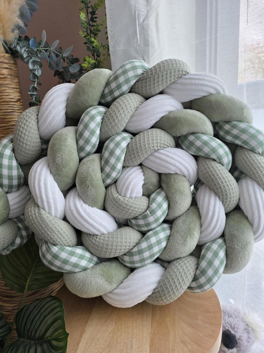 Tresse de lit 4 brins sauge doudou jade cotelé blanc et vichy vert 3.6m