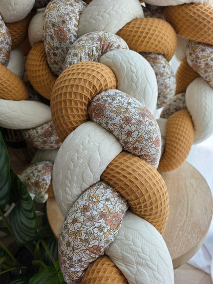Tresse de lit 3 brins 300cm camel tricot écru et fleurs de pêche