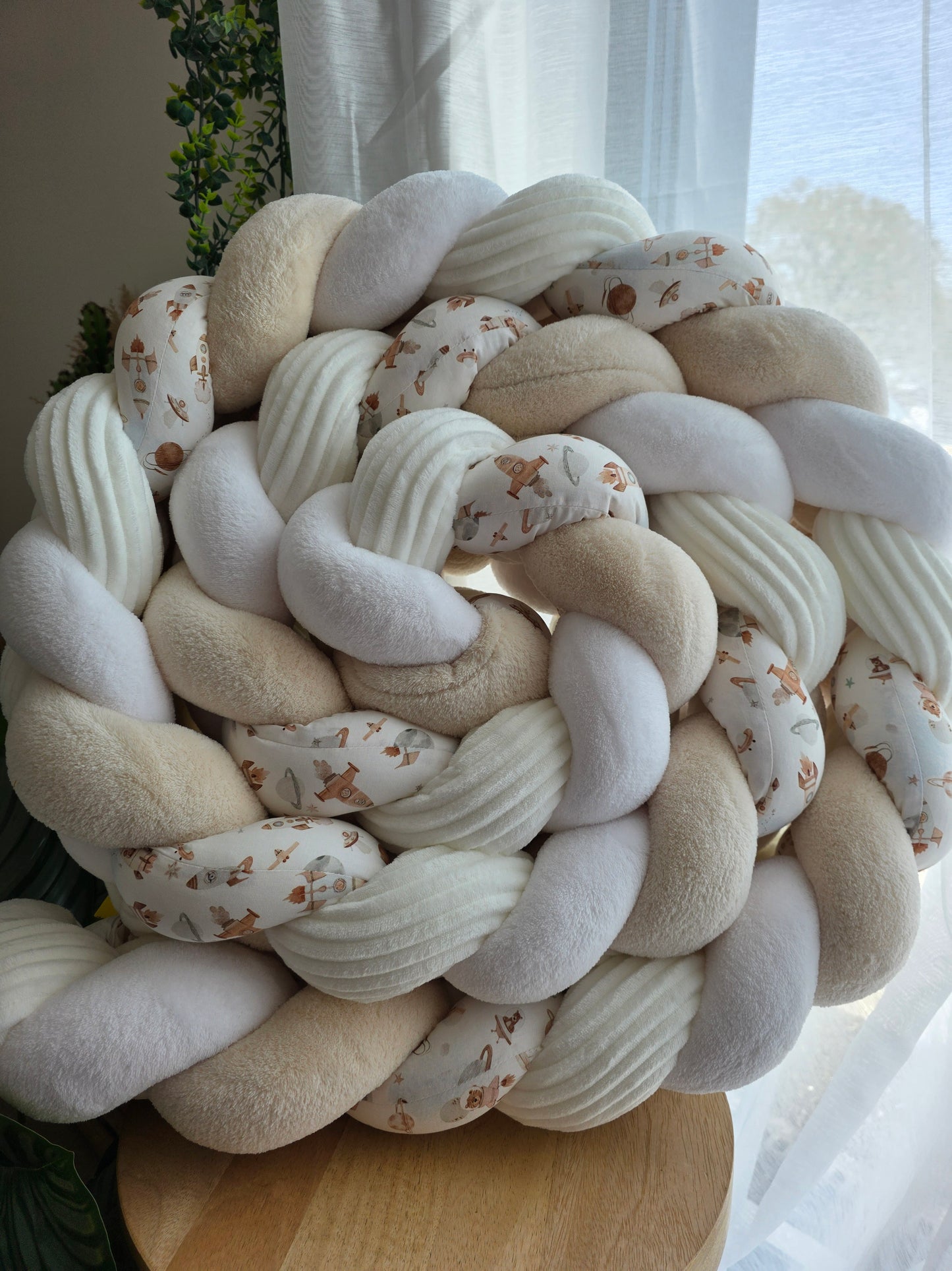 Tresse de lit 4 brins 360cm doudou blanc et beige côtelé crème et fusée