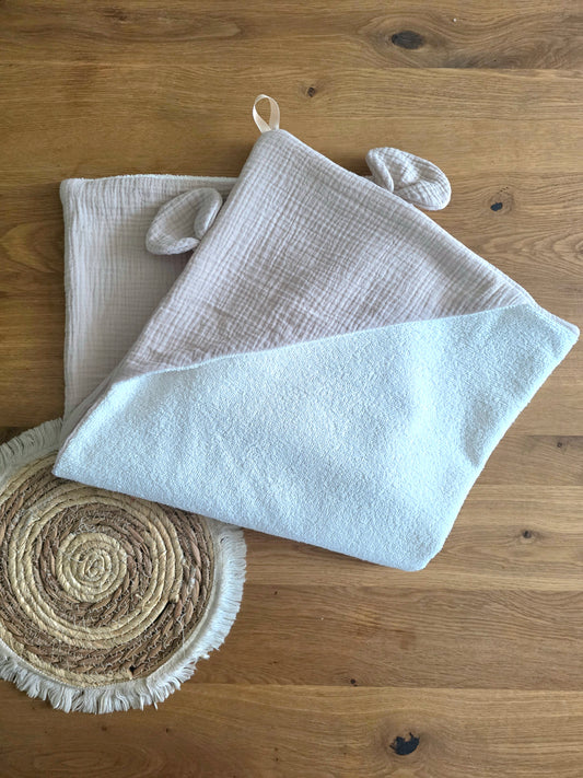 Cape de bain oreille d'ourson gaze beige