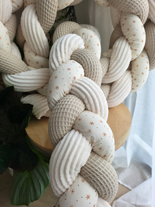 Tresse de lit 3 brins 200cm beige , côtelé crème et fleurs étoilé