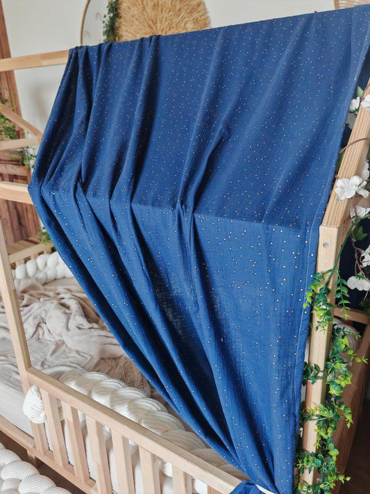 Ciel de lit cabane "le simple" bleu prince à pois dorès