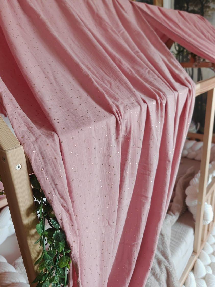 Ciel de lit cabane "le simple" rose bonbon à pois dorés