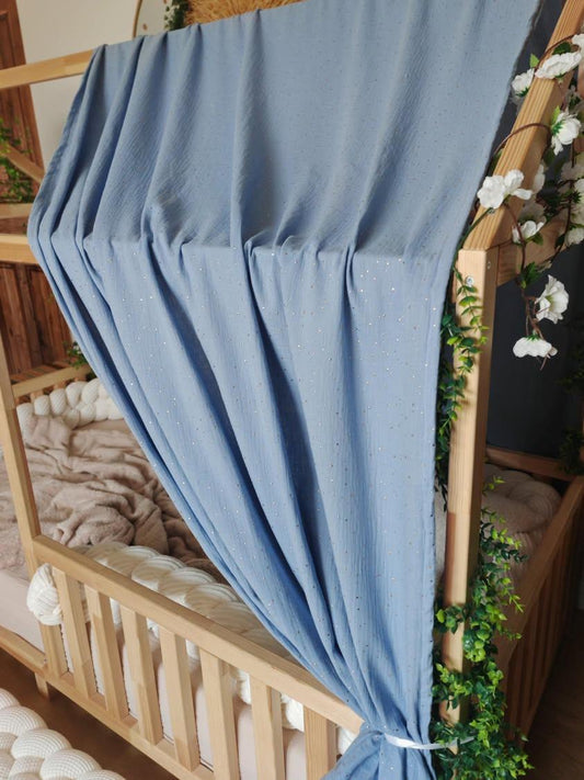 Ciel de lit cabane "le simple" bleu jean à pois dorés