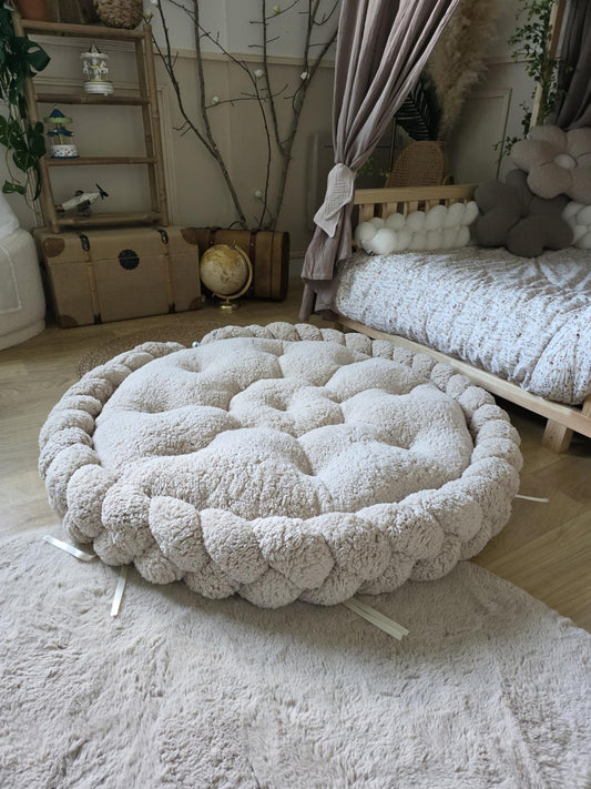 Tapis rond avec tresse 3 brins moumoute beige 100cm