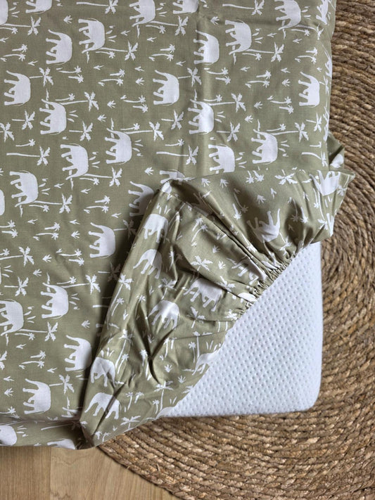 Draps housse coton olive éléphants 70x140cm