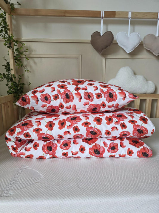 Parure 1 personne - housse de couette + taie d'oreiller coquelicot