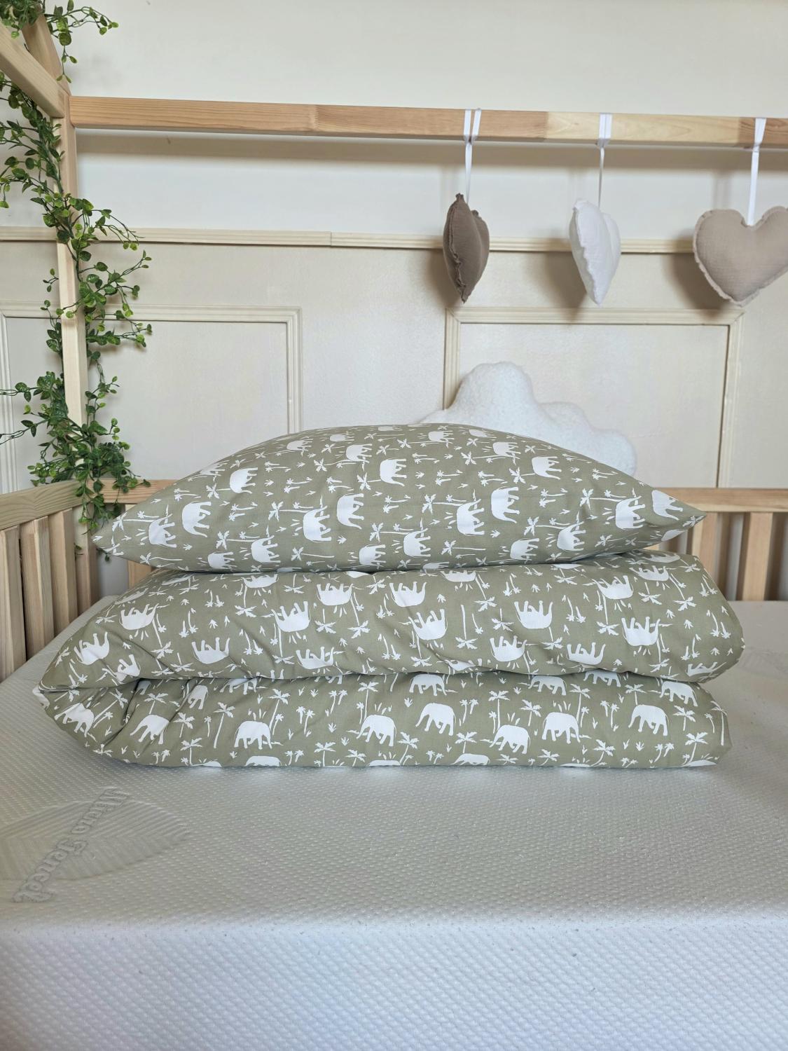 Parure 1 personne - housse de couette + taie d'oreiller éléphant olive