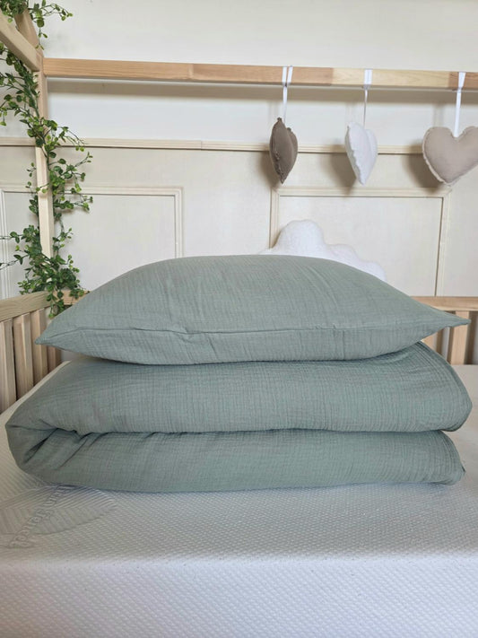 Parure 1 personne - housse de couette + taie d'oreiller gaze de coton olive