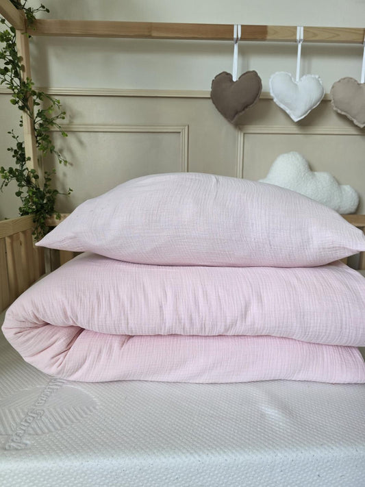Parure 1 personne - housse de couette + taie d'oreiller gaze de coton poudré