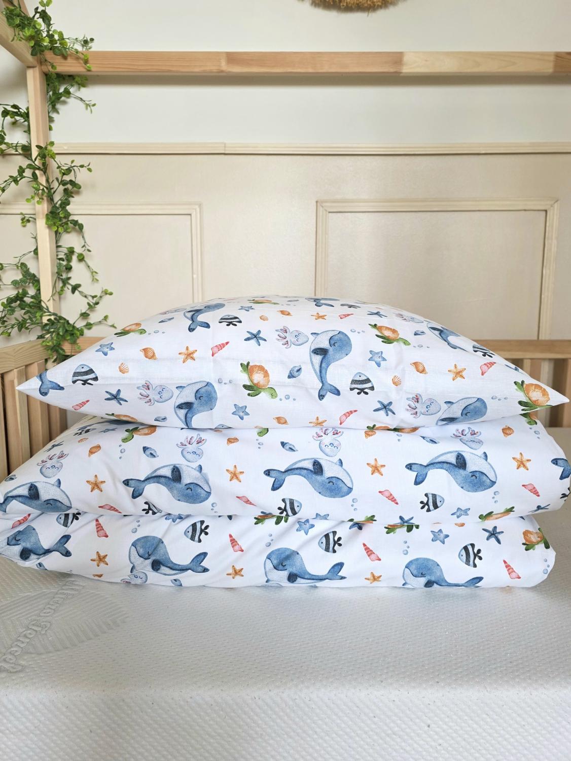 Parure 1 personne - housse de couette + taie d'oreiller petite baleine déstockage