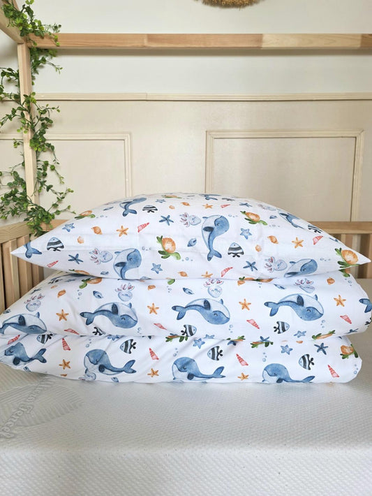Parure 1 personne - housse de couette + taie d'oreiller petite baleine déstockage