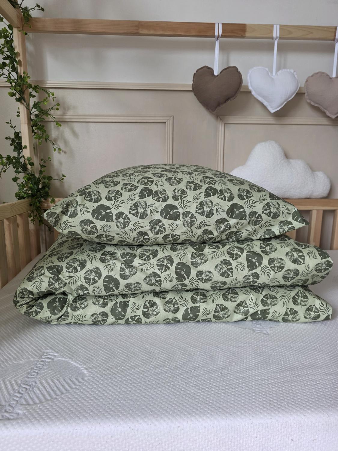 Parure 1 personne - housse de couette + taie d'oreiller monstera verte déstockage