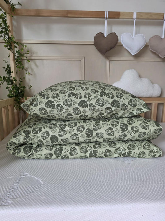 Parure 1 personne - housse de couette + taie d'oreiller monstera verte déstockage