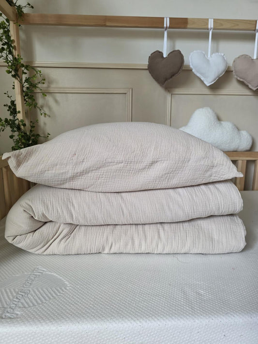 Parure 1 personne - housse de couette + taie d'oreiller gaze de coton beige