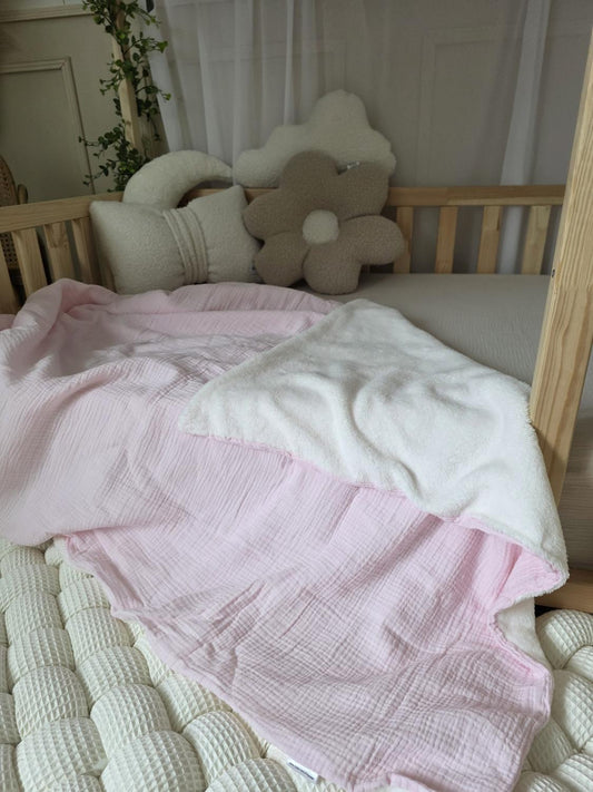 Couverture fine 100x140cm rose et Fourrure écru