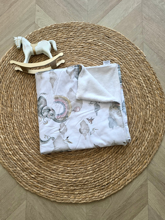 Couverture 75x75cm fine éléphant et doudou écru
