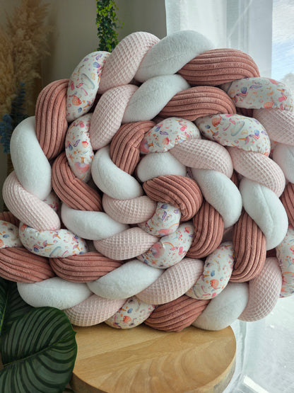 Tresse de lit 4 brins 460cm rose pâle doudou blanc côtelé vœux rose et licorne