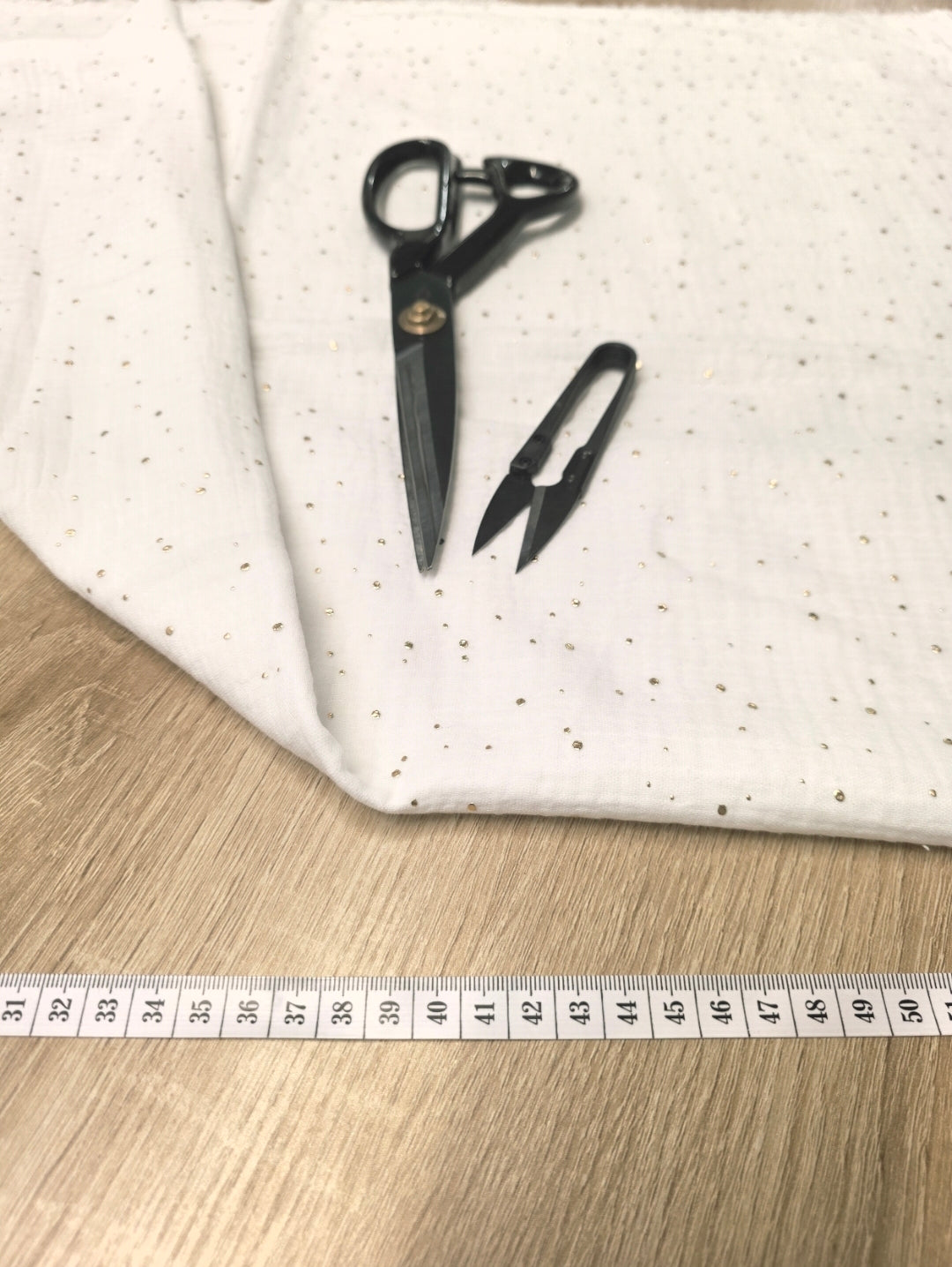 Tissu Double Gaze de coton - Blanc à Pois Dorés