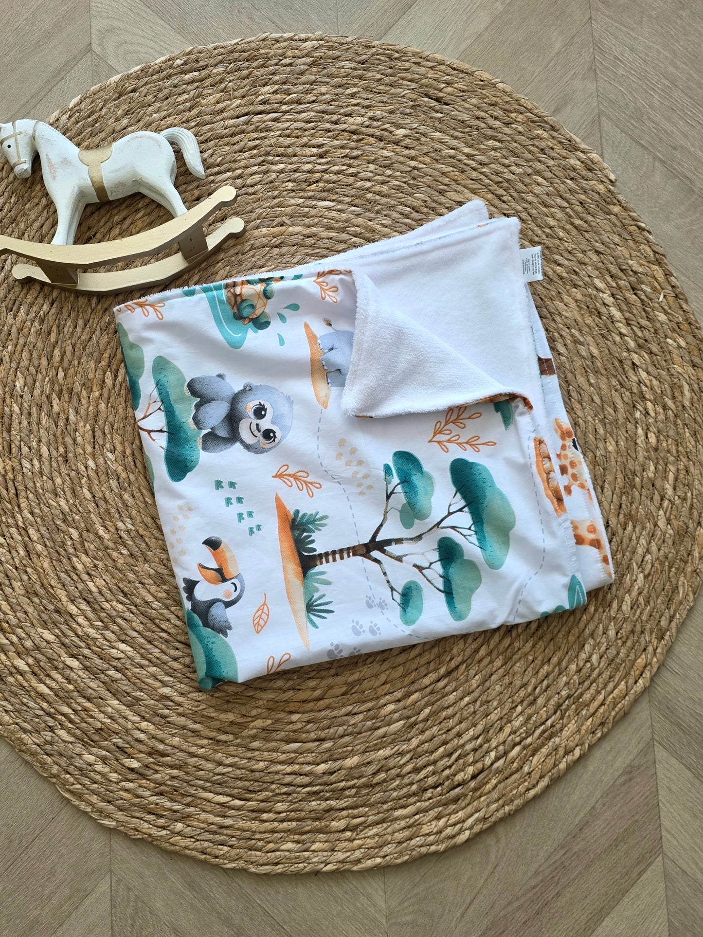 Couverture 75x75cm fine bébé animaux et doudou blanc