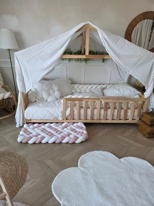 Tapis tressé 100x40cm blanc poudré et doudou blanc