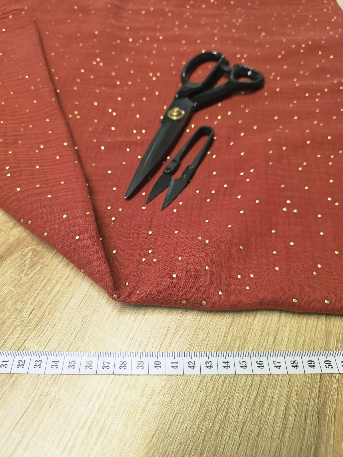 Tissu Double Gaze de coton - Terracotta à Pois Dorés
