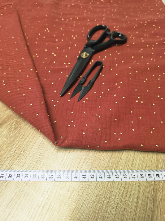 Tissu Double Gaze de coton - Terracotta à Pois Dorés