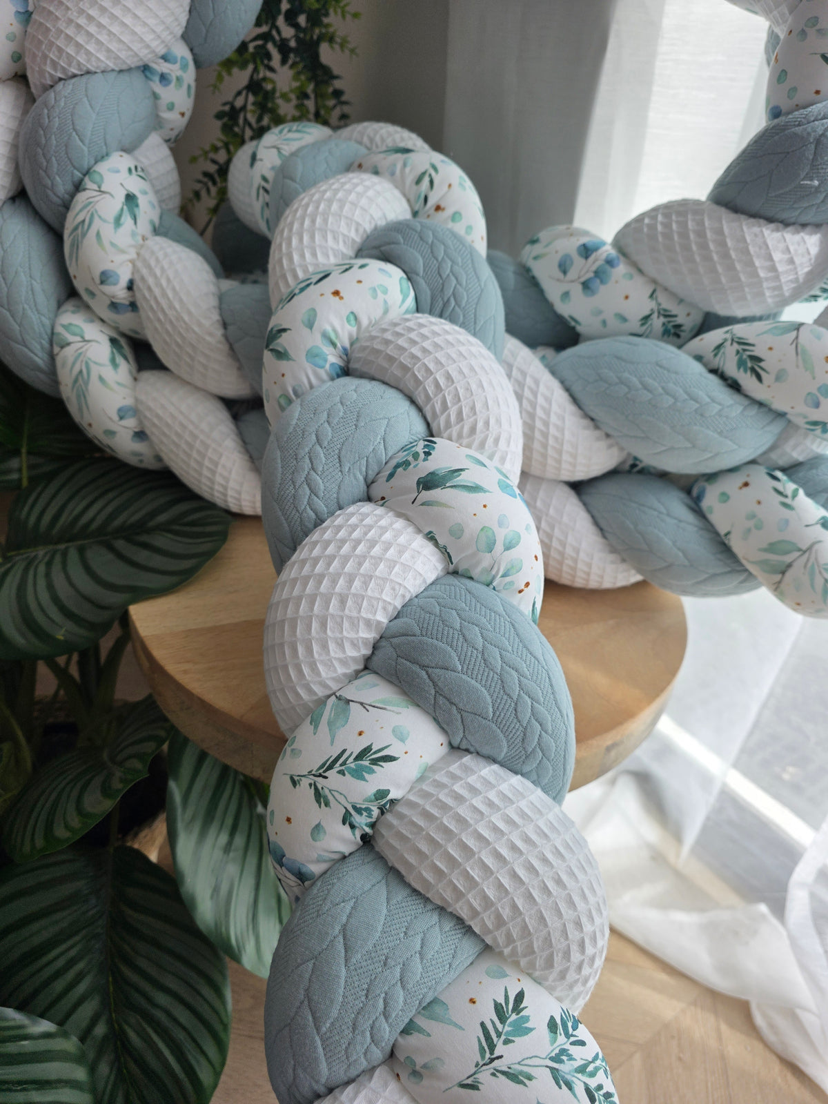 Tresse de lit 3 brins 460cm blanc tricot vert et eucalyptus foncé