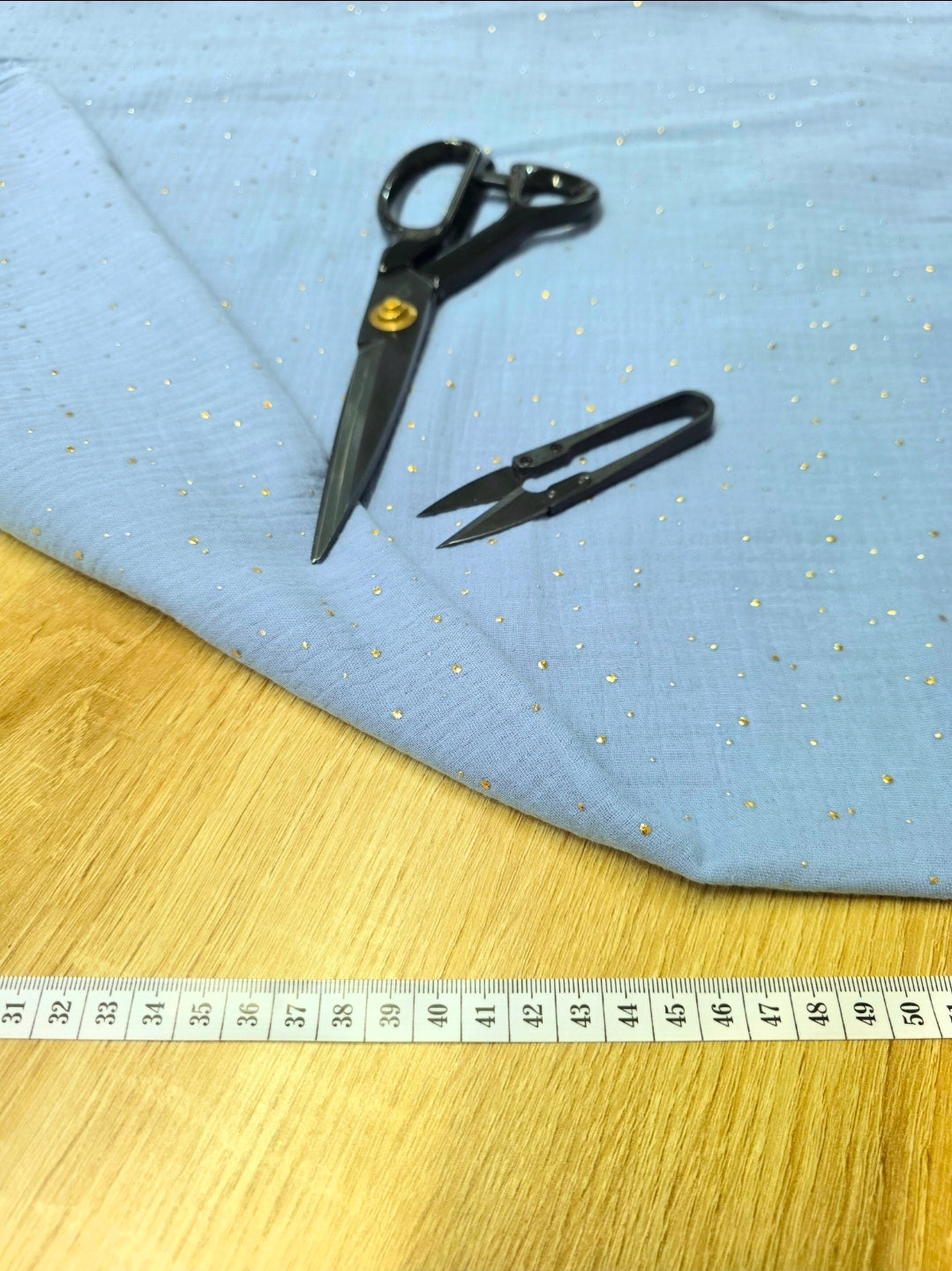 Tissu Double Gaze de coton -  Jean à Pois Dorés