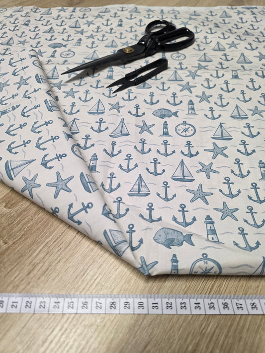 Tissu en coton - Popeline de coton - Motif Ancre marine