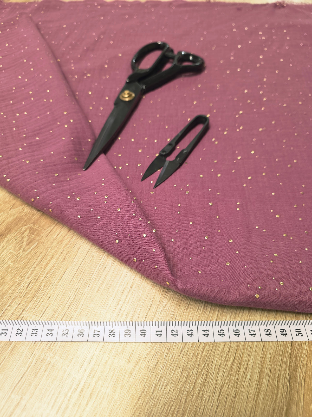 Tissu Double Gaze de coton - Vieux Rose à Pois Dorés