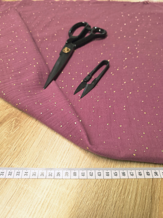 Tissu Double Gaze de coton - Vieux Rose à Pois Dorés