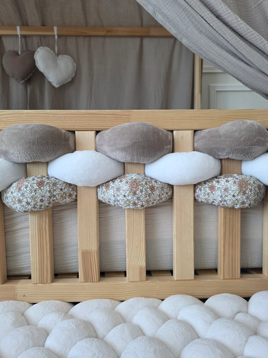 Lot de 3 brins - doudou marron et blanc et fleurs pêche