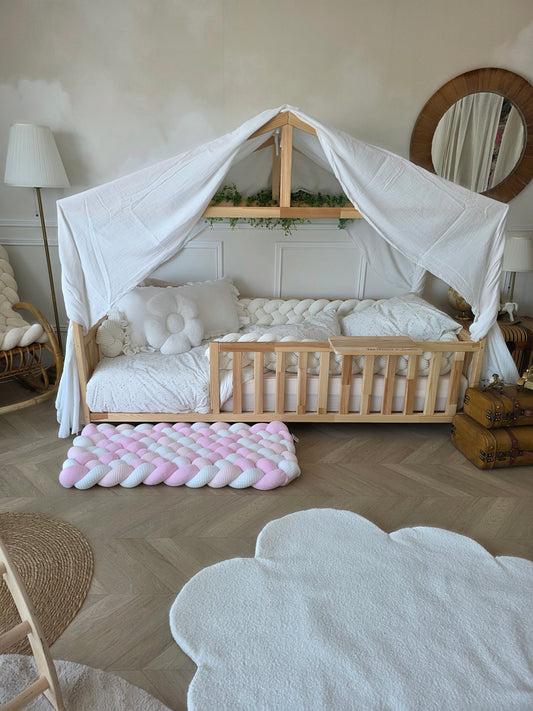 Tapis tressé 100x40cm blanc rose pâle et doudou rose