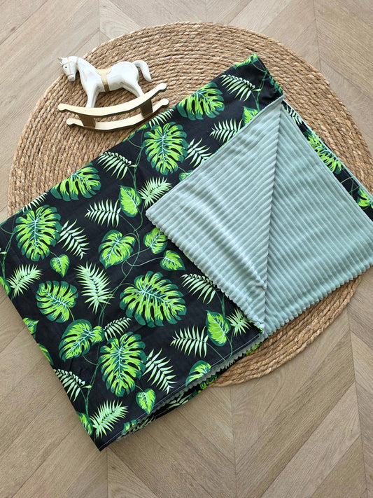 Couverture 100x140cm fine feuille palmier vert et côtelé menthe