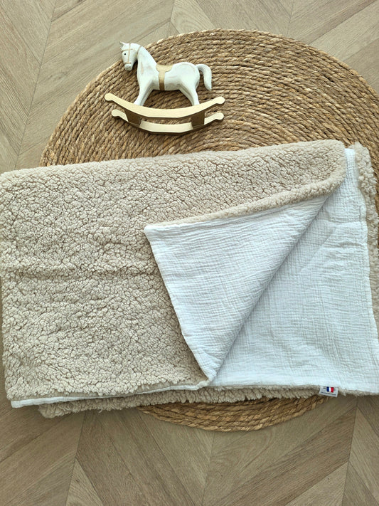 Couverture 100x140cm fine moumoute beige et gaze de coton blanc